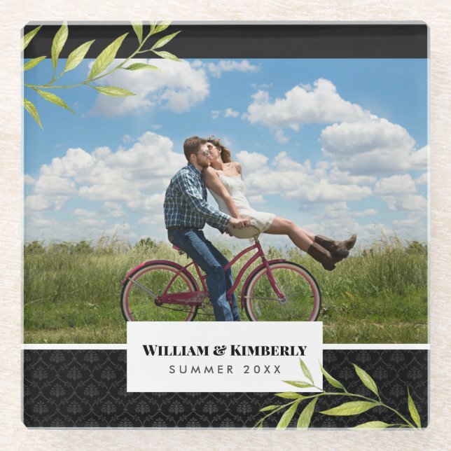 Personalized Your Photo with Laurel and Damask Glass Coaster (Front)