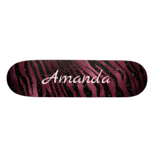 Personalized Zebra Black & Burgundy Glitter Skateboard