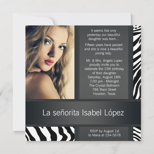 Personalized Zebra Photo Quinceanera Invitation (Front)