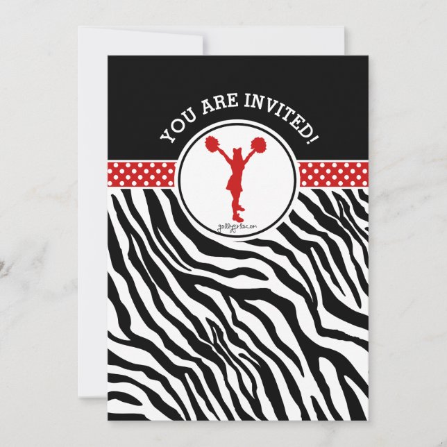 Personalized Zebra Print Cheer or Pom in Red Invitation (Front)