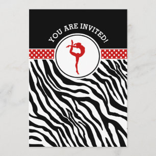 Personalized Zebra Print Gymnastics in Red Invitation