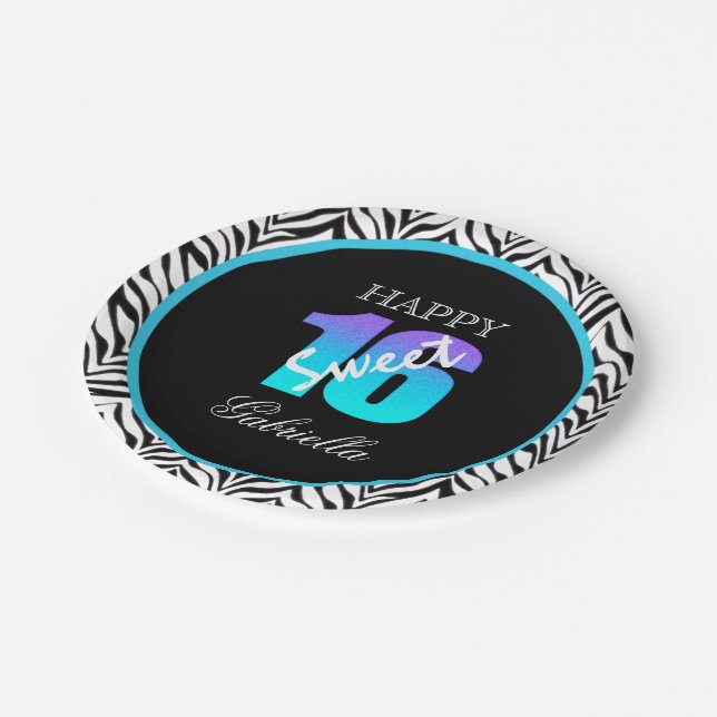 Personalized Zebra Sweet 16 Birthday Paper Plates (Angled)