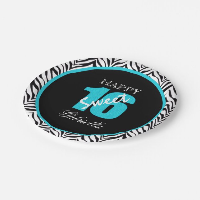 Personalized Zebra Sweet 16 Birthday Paper Plates (Angled)