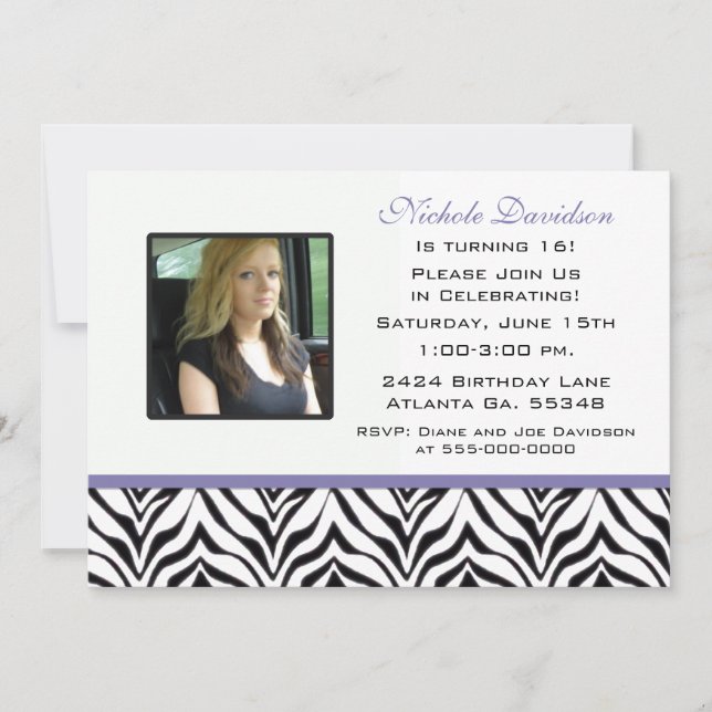 Personalized: Zebra Sweet 16 Party Invitation (Front)