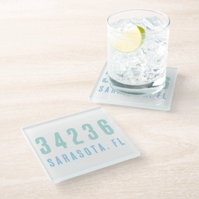 Personalized Zip Code,City,State Coastal Blues Glass Coaster (Angled)