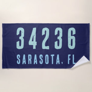 Personalized Zip Code, City, State   Navy Blue Beach Towel