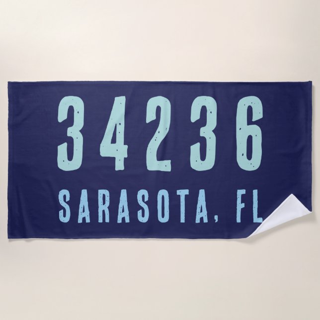 Personalized Zip Code, City, State | Navy Blue Beach Towel (Front)