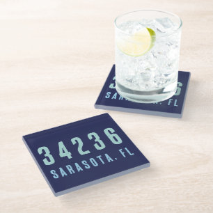 Personalized Zip Code, City, State   Navy Blue Glass Coaster