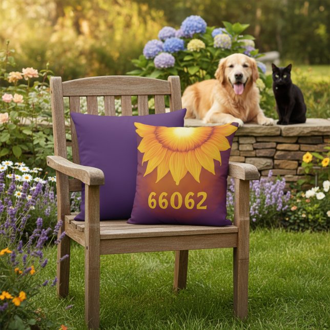 Personalized Zip Code Sunflower Decorative Outdoor Pillow (Personalized zip code and sunflower outdoor throw pillow.)