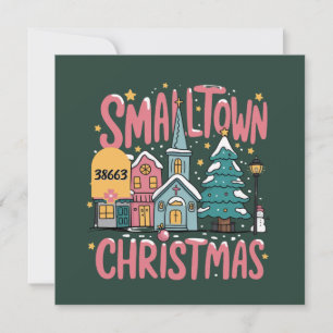 Personalized Zipcode Small Town Christmas Pink  Holiday Card