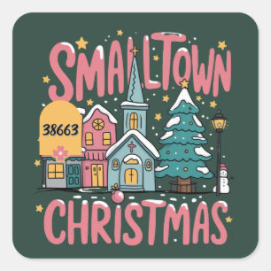 Personalized Zipcode Small Town Christmas Pink  Square Sticker