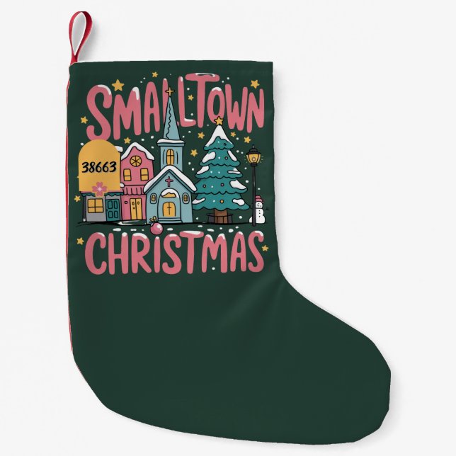 Personalized Zipcode Small Town Christmas Pink  Stocking (Front)