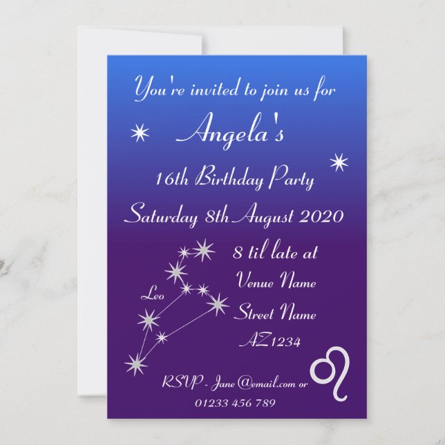 Personalized Zodiac Leo Galaxy Party Invitation (Front)