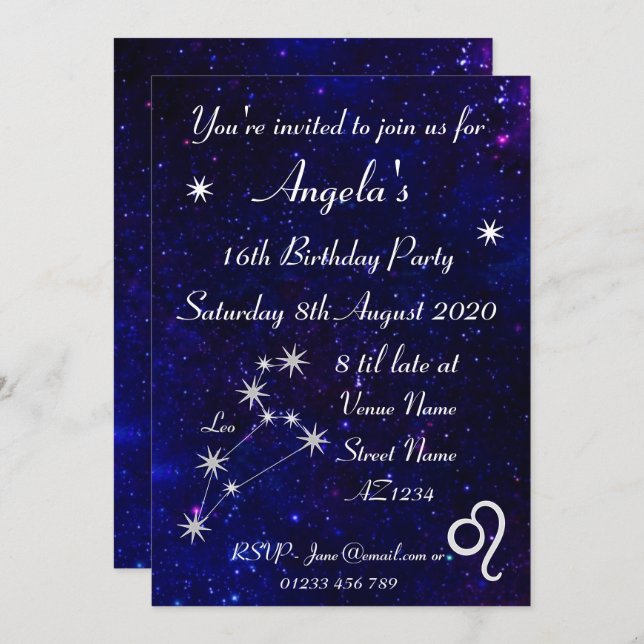 Personalized Zodiac Leo Galaxy Party Invitation (Front/Back)
