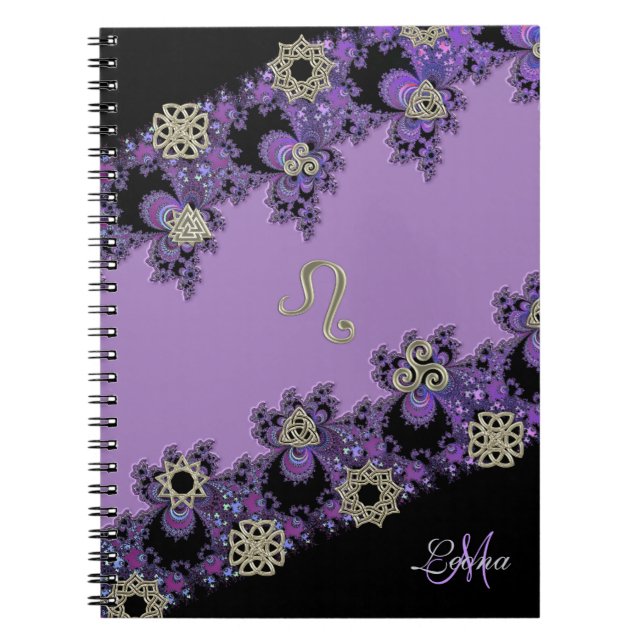 Personalized Zodiac Sign Leo Purple Celtic Fractal Notebook (Front)