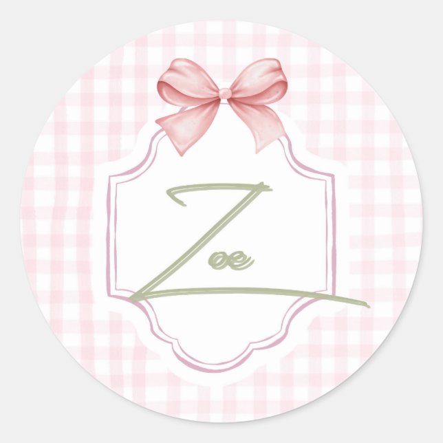 Personalized Zoe Baby Girl Nursery Bow&Gingham  Classic Round Sticker (Front)