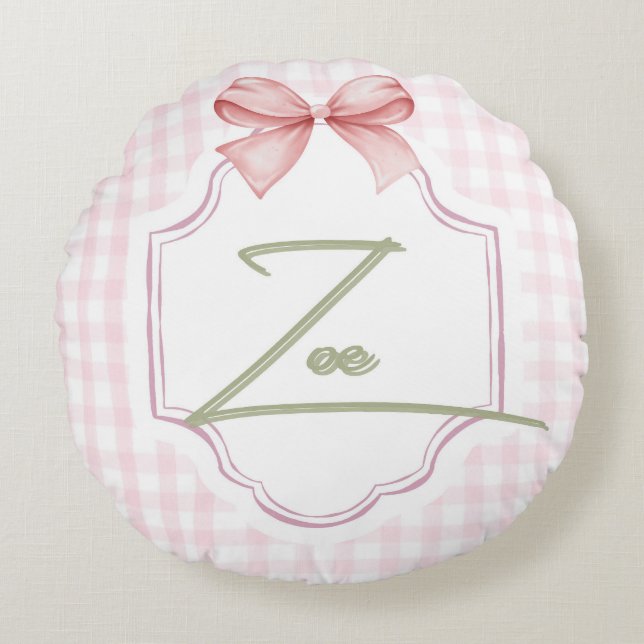 Personalized Zoe Baby Girl Nursery Bow&Gingham  Round Pillow (Front)