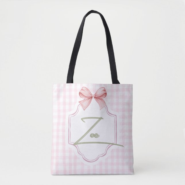 Personalized Zoe Baby Girl Nursery Bow&Gingham  Tote Bag (Front)