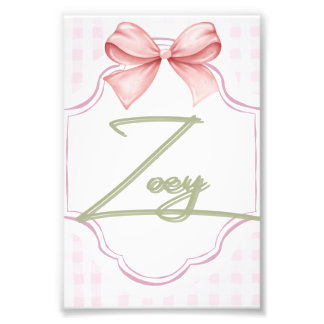 Personalized Zoey Baby Girl Nursery Bow&Gingham  Photo Print