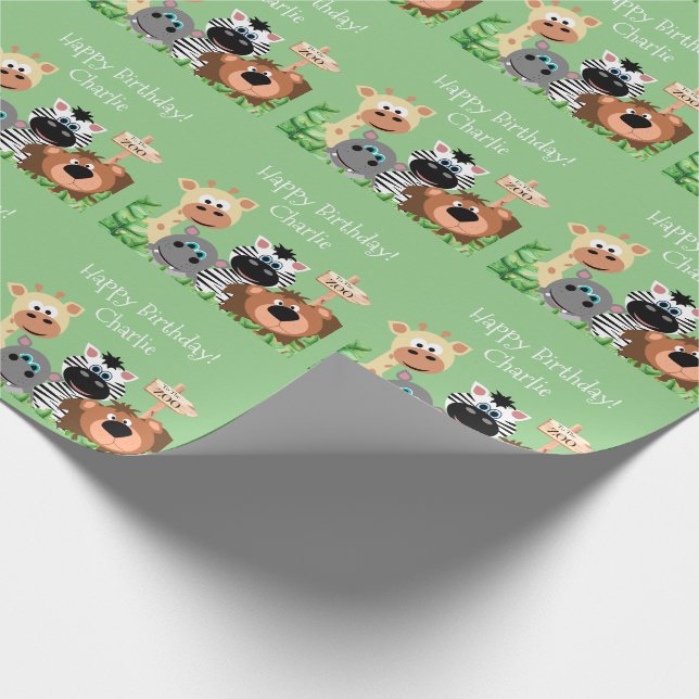 Personalized Zoo Animal Birthday Green Leaf Wrapping Paper (Corner)