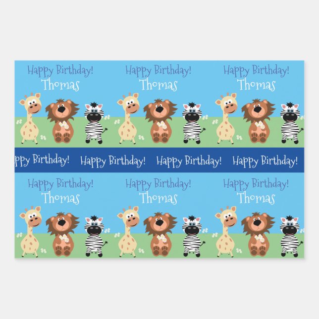 Personalized Zoo Themed Kids Wrapping Paper Sheet (Front)