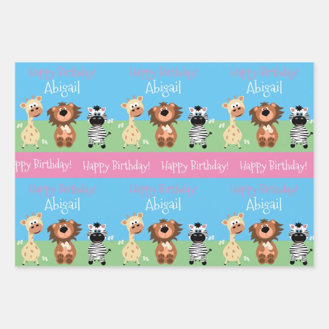Personalized Zoo Themed Kids Wrapping Paper Sheet (Front)