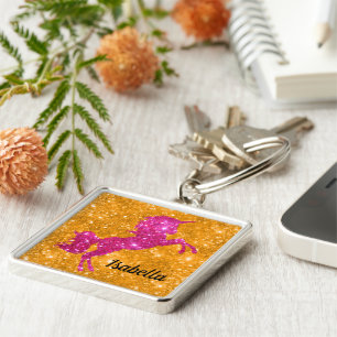 PersonalizePink Glitter Unicorn on Sparkling Gold Keychain