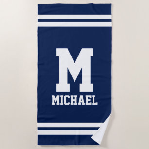 Personalizes name monogram blue and white stripe beach towel
