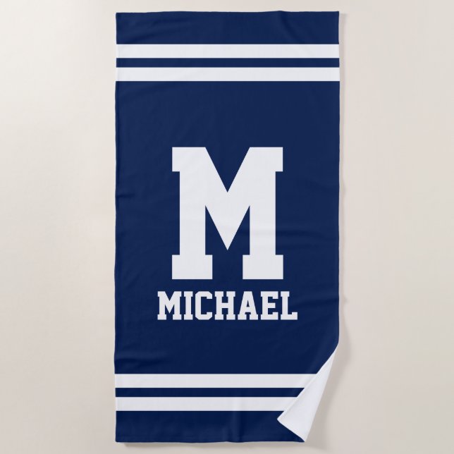 Personalizes name monogram blue and white stripe beach towel (Front)
