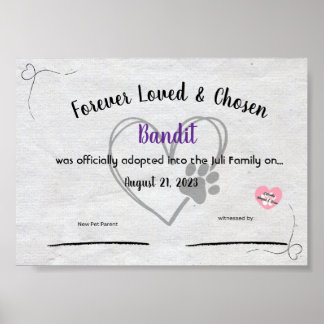 Personalzied Pet Adoption Certificate  Poster