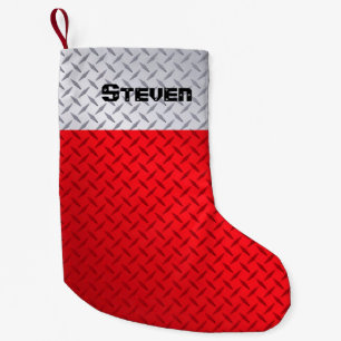 Personazlied Red and Steel Diamondplate Pattern Small Christmas Stocking