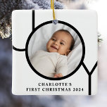 Personilized Baby Girl's First Christmas Photo Ceramic Ornament<br><div class="desc">This stylish Baby Girl's First Christmas Photo Ornament is decorated with the word JOY in black on a white background.
Easily customizable with your photo,  name,  and year.</div>