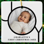 Personilized Baby Girl's First Christmas Photo Ceramic Ornament<br><div class="desc">This stylish Baby Girl's First Christmas Photo Ornament is decorated with the word JOY in black on a white background.
Easily customizable with your photo,  name,  and year.</div>