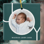 Personilized Baby Photo Christmas Holiday Green Ceramic Ornament<br><div class="desc">This modern Christmas Photo Ornament is decorated with the word JOY in white on a green background.
Easily customizable with your baby's photo,  name,  and year of birth.</div>