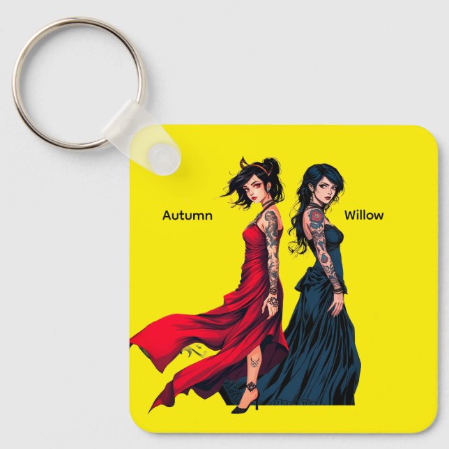 Personized Anime Tattooed Girls Square Keychain  (Front)
