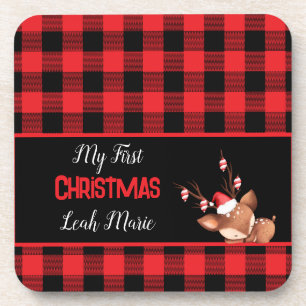 Personized Red Black Buffalo Check w Cute Reindeer Coaster