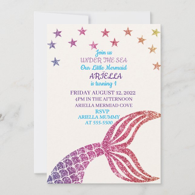 Personlaized Mermaid 1st Birthday Invitation (Front)