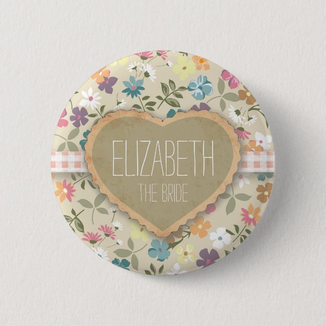 Personlised Floral Heart And Gingham Print Badges 2 Inch Round Button (Front)