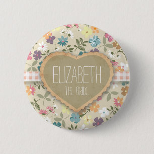 Personlised Floral Heart And Gingham Print Badges 2 Inch Round Button