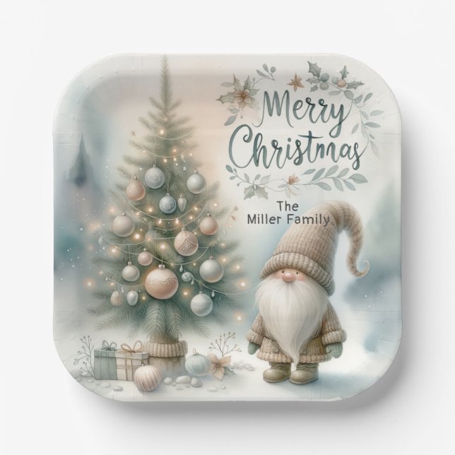 Personlized Whimsical Christmas Gnome and Tree  Paper Plate (Front)