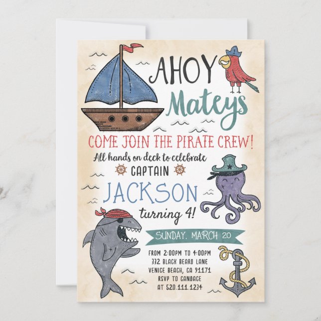 Personnages Pirates mignons Invitation Anniversair (Devant)