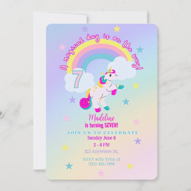 Personnalisable 7e anniversaire Unicorn Invitation (Devant)