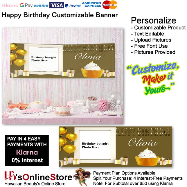 Personnalisable Bannière d'anniversaire heureuse 5 (Happy Birthday Gold Party Supplies Celebrate Cupcake Presents 5.)