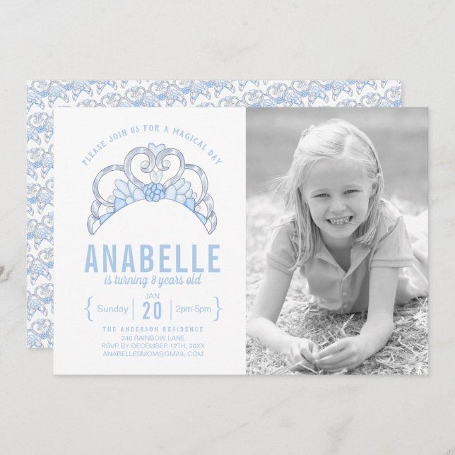 Personnalisable Blue Tiara Photo Invitation Annive (Devant / Derrière)