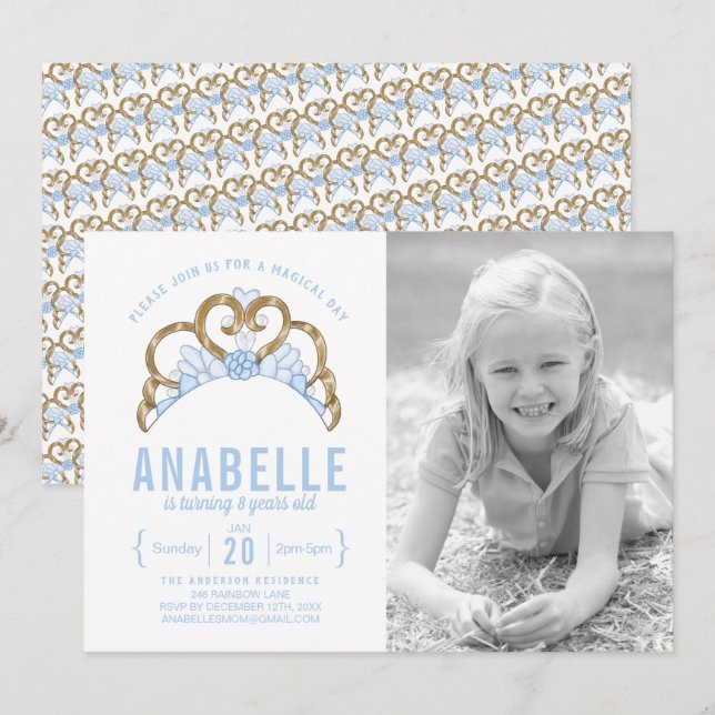 Personnalisable Blue Tiara Photo Invitation Annive (Devant / Derrière)