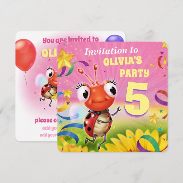 Personnalisé Anniversaire Fête invitation fille 5a (Devant / Derrière)