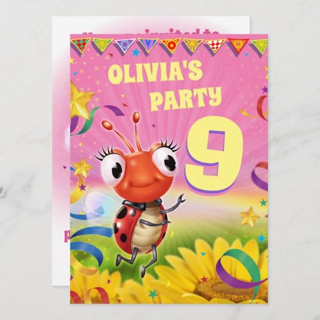 Personnalisé Anniversaire Fête invitation fille 9a (Devant / Derrière)