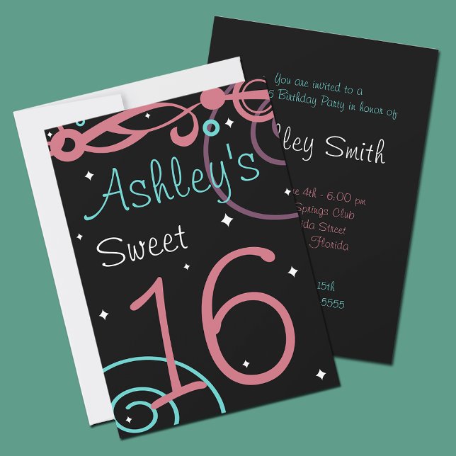 Personnalisé Black Sweet 16 Invitations de fête d' (Créateur téléchargé)
