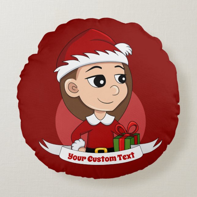 Personnalisé Noël fille dessin animé coussin rond (Devant)