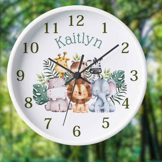 Personnalisé Nom Jungle Safari Animaux Horloge Ron (Créateur téléchargé)